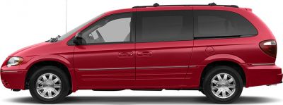 Red minivan side profile with sliding doors and alloy wheels