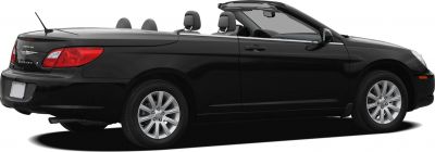 Rear and side view of black convertible with open roof