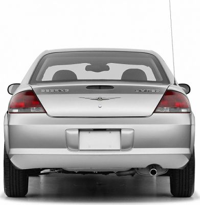 Rear view of a sedan with taillights, trunk, and exhaust pipe