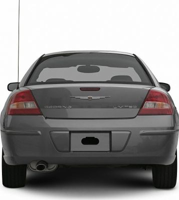 Rear view of a sedan with tail lights, exhaust pipe, and emblem
