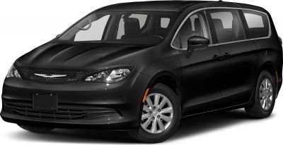 Front and side view of a sleek black minivan with sliding doors