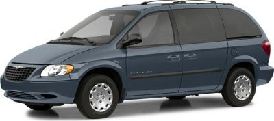 Front side view of a blue minivan with sliding door and rounded design