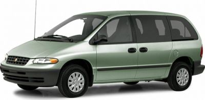 Minivan with sliding doors and large windows in front-side view
