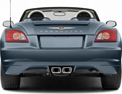 Rear view of a convertible roadster with dual exhaust and distinctive taillights.
