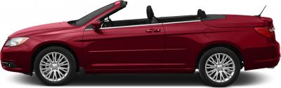 Side profile of red convertible with roof down and detailed wheels