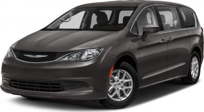 Front and side view of a minivan with sleek headlights and grille design