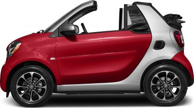 Side profile of a compact convertible with open roof and sporty wheels