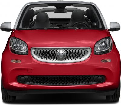 Front view of a red compact convertible with distinct grille and headlights