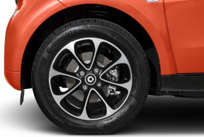 Alloy wheel and tire close-up with brake disc and caliper