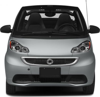 Compact convertible front view featuring modern headlights and open roof