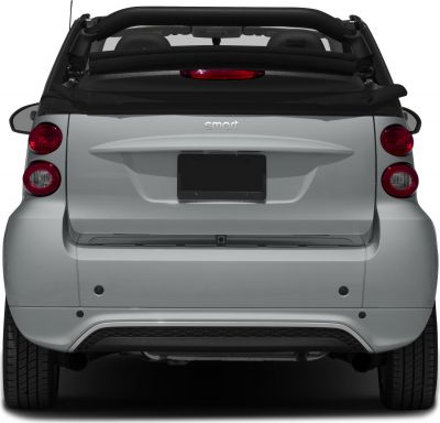Rear view of small convertible with distinctive tail lights and retractable roof.