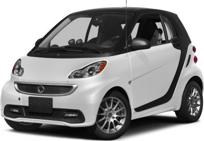 Compact two-seater city car with silver alloy wheels and black-white body frame contrast