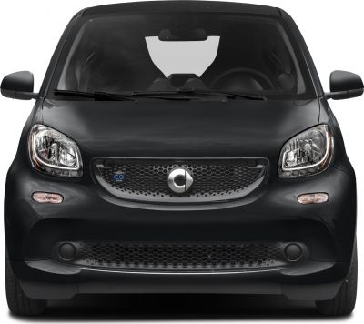 Front view with grille, headlights, and mirrors of black electric city car