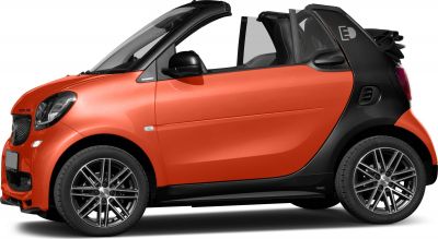 Side view of a compact electric convertible with foldable soft roof