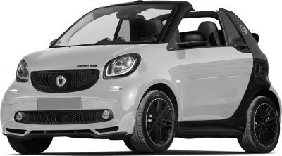 Compact electric convertible with open roof and black wheels