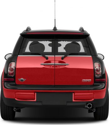Split rear doors with dual wipers and Cooper badge on a Mini.