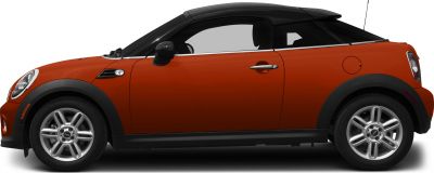 Red Mini coupe with black roof and alloy wheels side profile