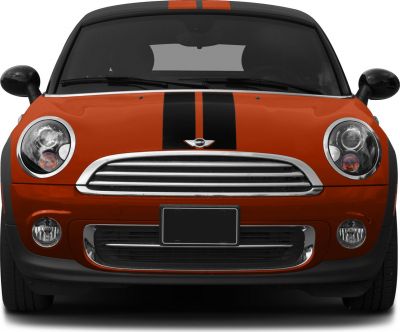 Front view of a sporty car with racing stripes and round headlights