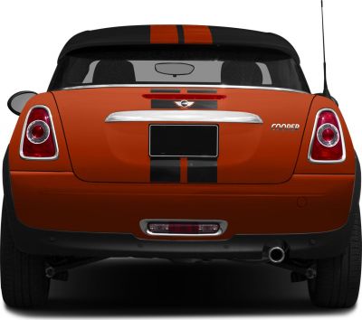 Rear view of a small coupe with racing stripes and single exhaust