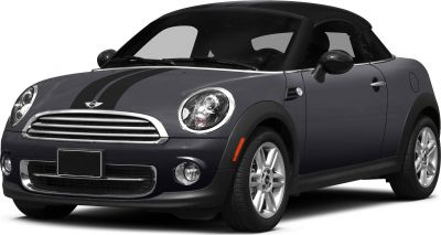 Compact coupe front with racing stripes and chrome grille