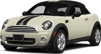 Cream coupe with black racing stripes and chrome grille