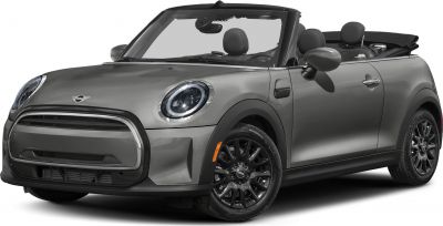 Front-side view of a compact convertible with open roof and round headlights