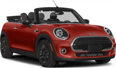 Compact red convertible with open soft top and black trim