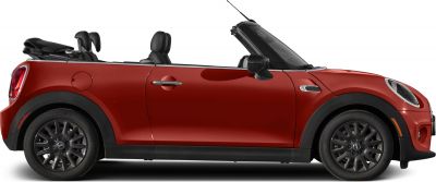 Red convertible with soft top roof partially open and black wheels shown from side
