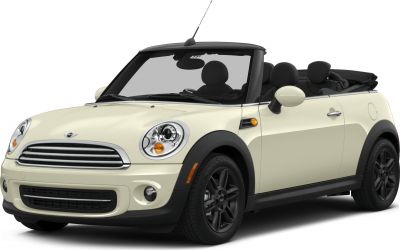 Front-side view of convertible with open soft top and black wheels