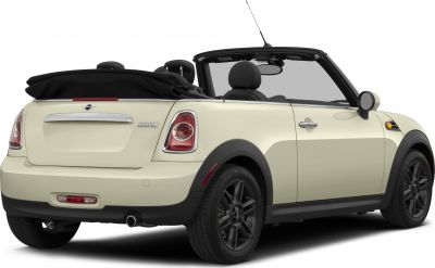 Rear and side view of an open roof compact convertible