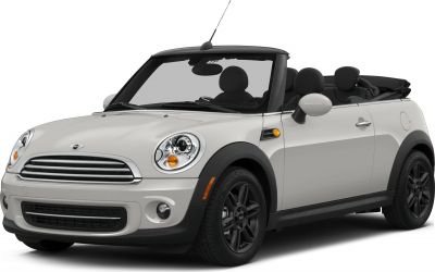 Mini convertible with open roof, black rims, and round headlights