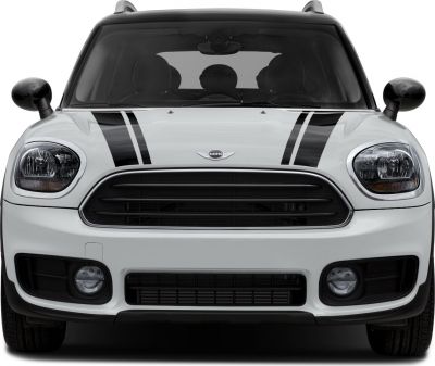 Front view with black dual racing stripes and distinctive grille