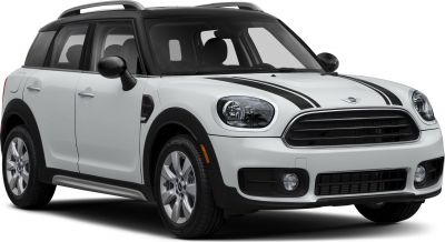 Front and side view of a crossover with racing stripes and roof rails