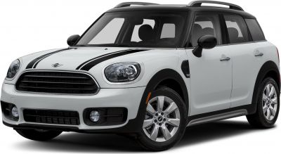 Front 3-4 view of Mini Countryman with racing stripes and black roof