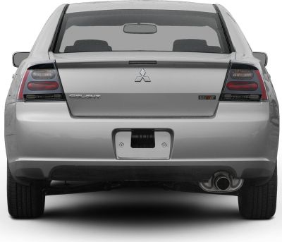 Rear view of a car with distinctive taillights and Ralliart badge