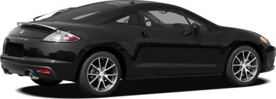 Rear-side view of a sleek two-door sports coupe with alloy wheels and rear spoiler.