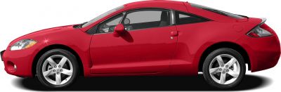 Red two-door coupe side profile with five-spoke alloy wheels