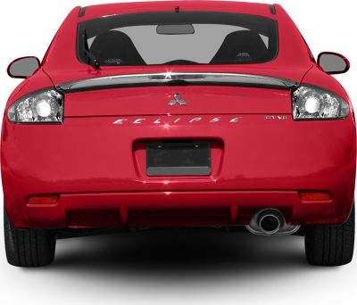 Rear view showing taillights, rear window, exhaust of red sporty hatchback