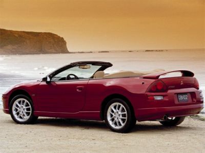 Red convertible sports vehicle with rear spoiler and alloy wheels