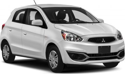 Front-side view of compact hatchback with headlight and grille