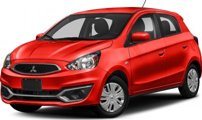 Red hatchback front side view with sleek headlights and aerodynamic lines