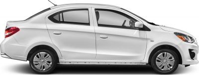 Side profile of subcompact sedan with wheel covers and four doors