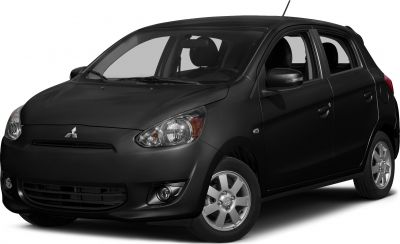 Black compact hatchback with clear headlights and silver alloy wheels
