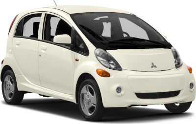 Front and side view of a compact electric hatchback with aerodynamic design.