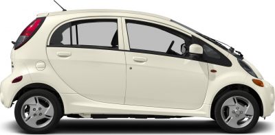 Side view of electric compact hatchback with four doors and sleek design.