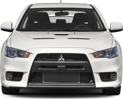 Front view of car with aggressive grille and hood vents