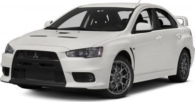 White sporty sedan front angled view with hood vents and alloy wheels