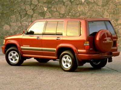 Side rear view of red SUV with rear spare tire