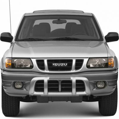 Close-up front view with headlights, grille, and bull bar