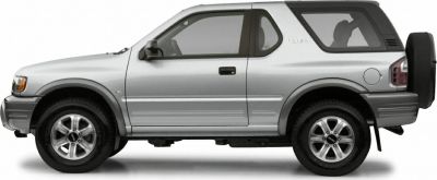 Side view of a two-door compact SUV with rear spare tire.